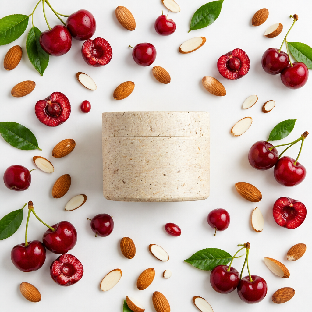 Almond Cherry balm flat lay inspired by I Am Woman, with a matching rice husk lid and lively cherry-and-almond props on white