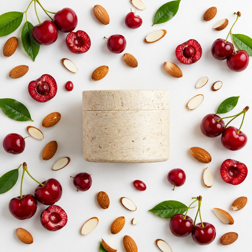 Almond Cherry balm flat lay inspired by I Am Woman, with a matching rice husk lid and lively cherry-and-almond props on white