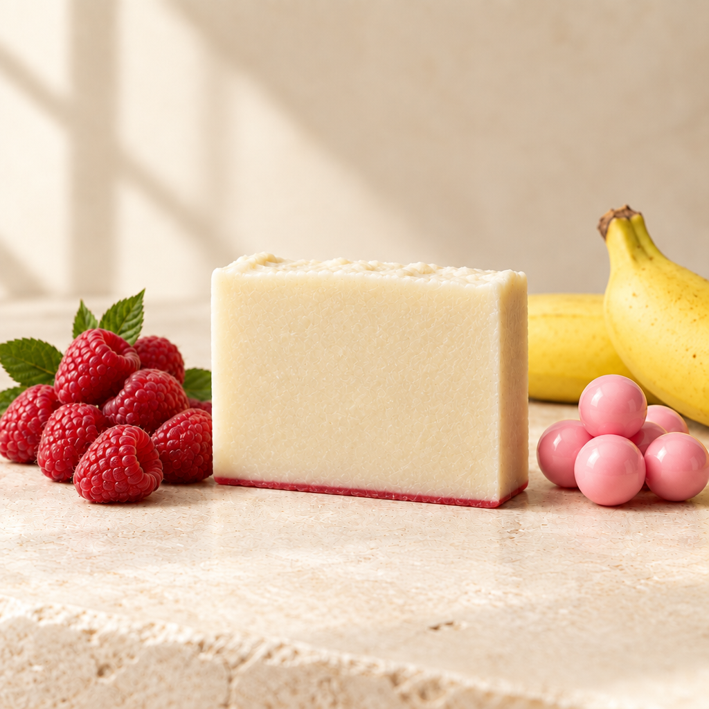 Cream conceptual body bar with a very thin red bottom layer, beside raspberries, banana and pink bubblegum props