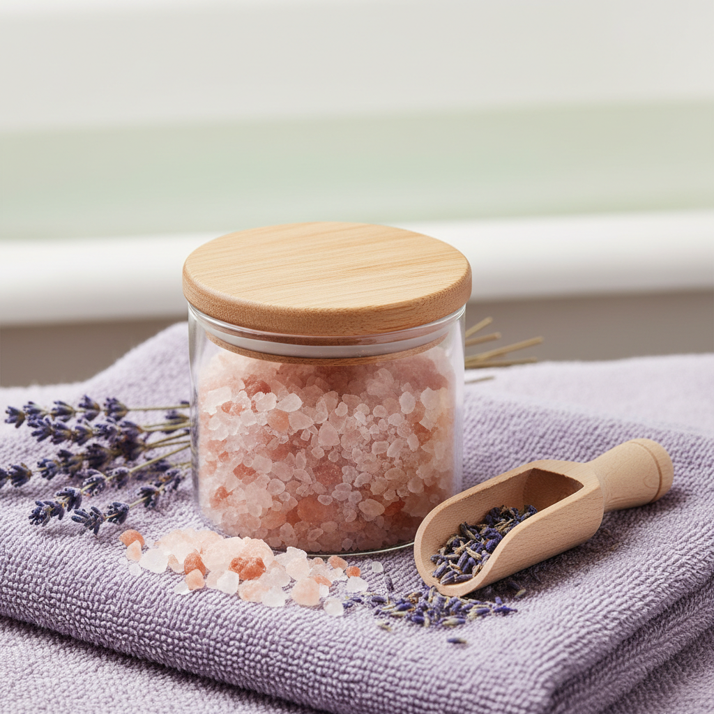 Purple Calm Magnesium Soak - glass jar with wooden scoop, lavender and purple washcloth