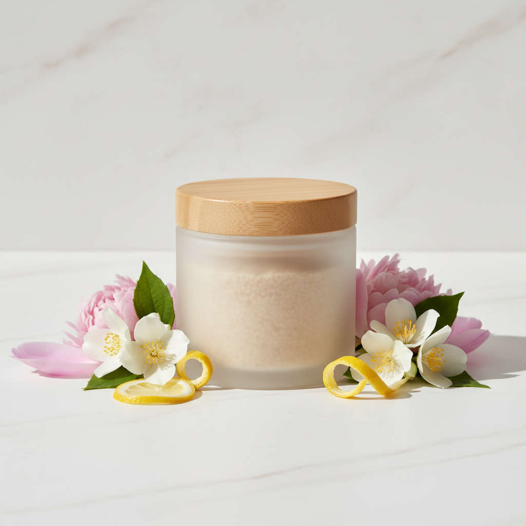 Sheer Petal Body Scrub in a rice husk jar with soft floral props
