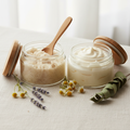 Deep Silence Foot Care Set - lavender chamomile and eucalyptus scented foot scrub and butter in glass jars with wooden lids