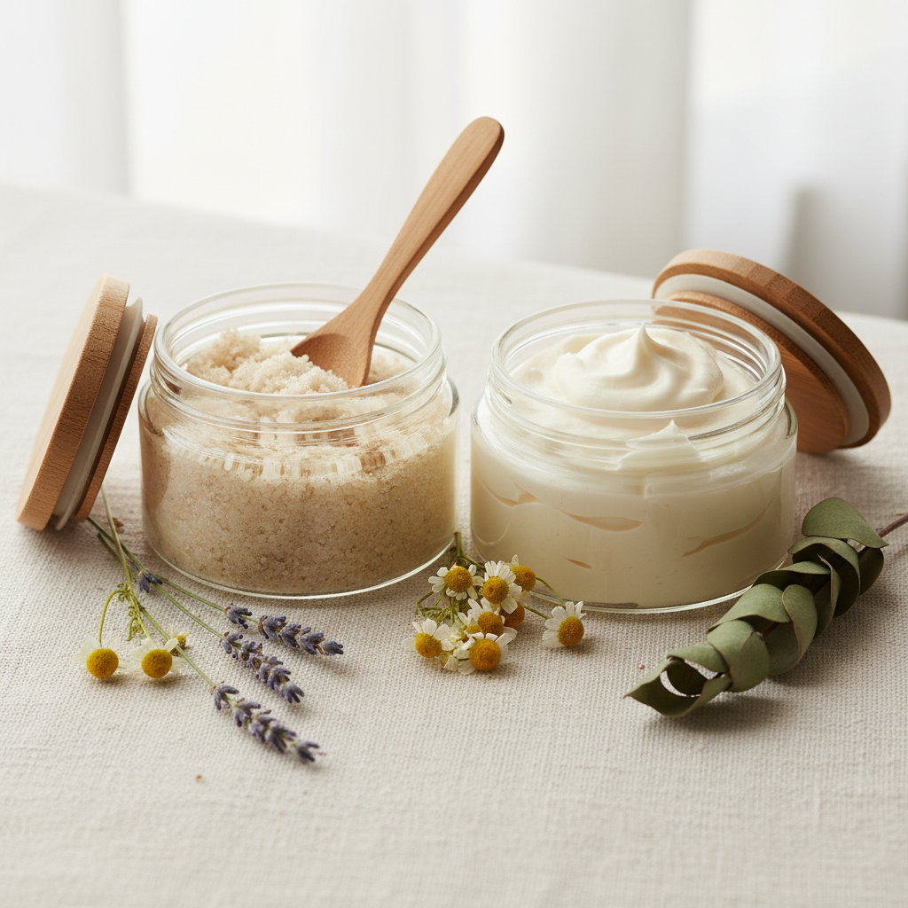 Deep Silence Foot Care Set - lavender chamomile and eucalyptus scented foot scrub and butter in glass jars with wooden lids