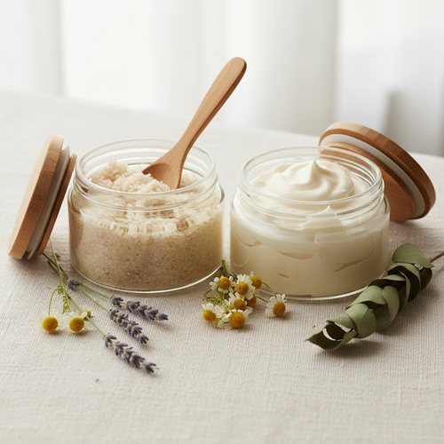 Deep Silence Foot Care Set - lavender chamomile and eucalyptus scented foot scrub and butter in glass jars with wooden lids