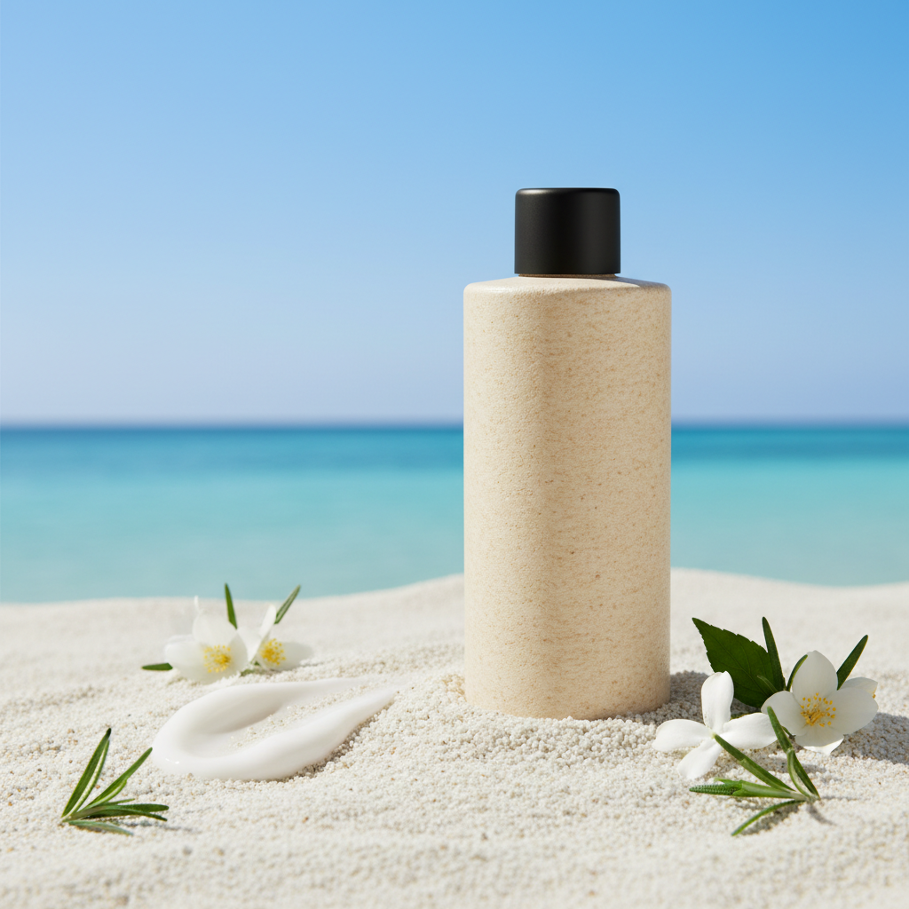 Ocean View Body Lotion in rice husk bottle with black lid on white sand with ocean backdrop