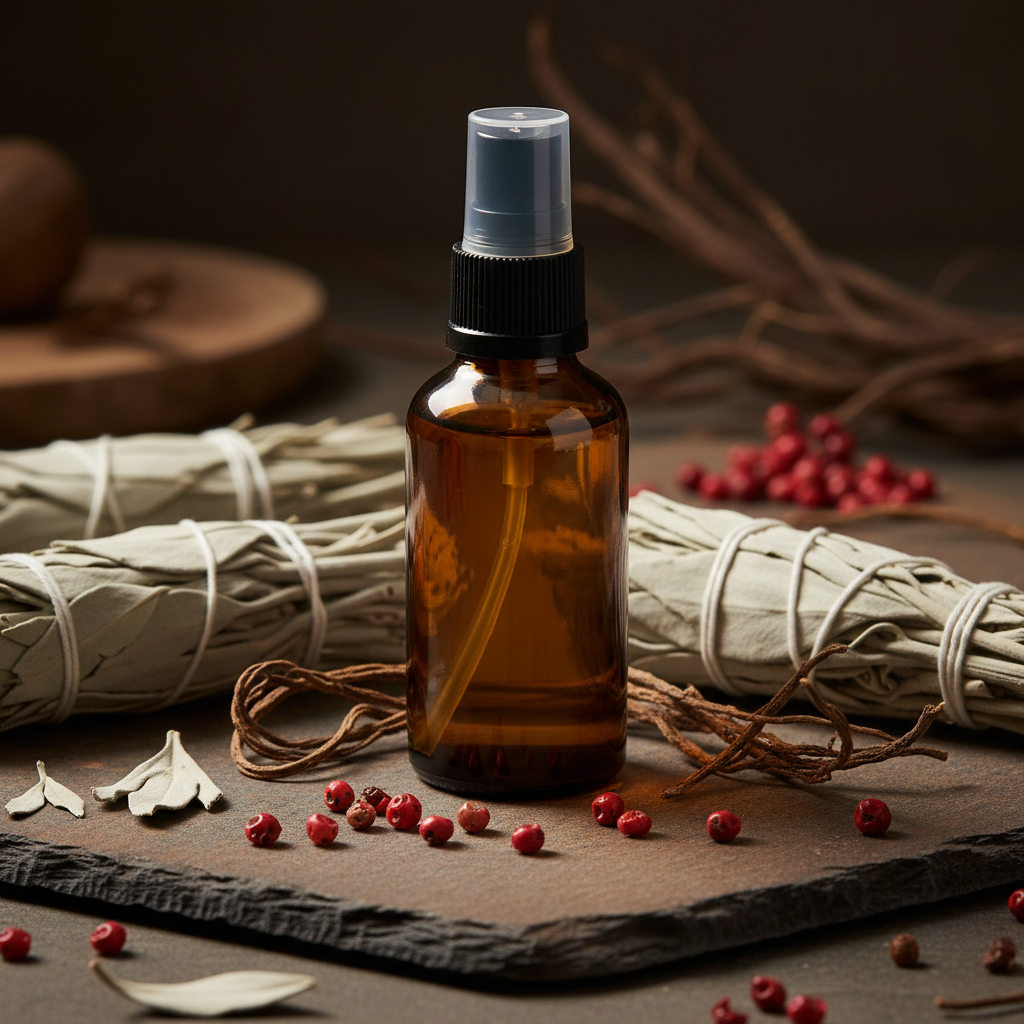 Whiskey Sage Room Mist - amber bottle with sage, pink peppercorns and vetiver props