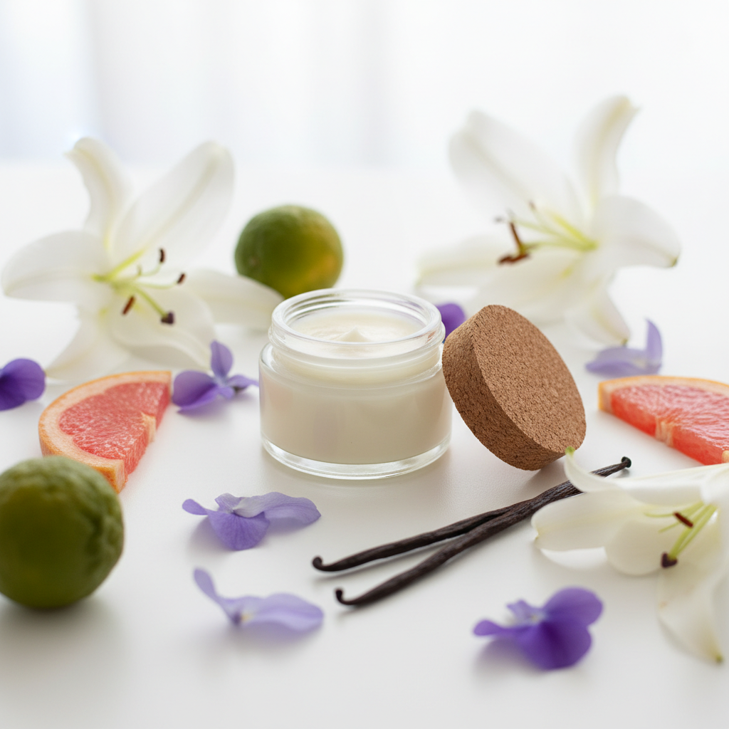 Cloud Kiss Butter Balm in a clear glass jar with lily, violet, grapefruit, bergamot and vanilla props