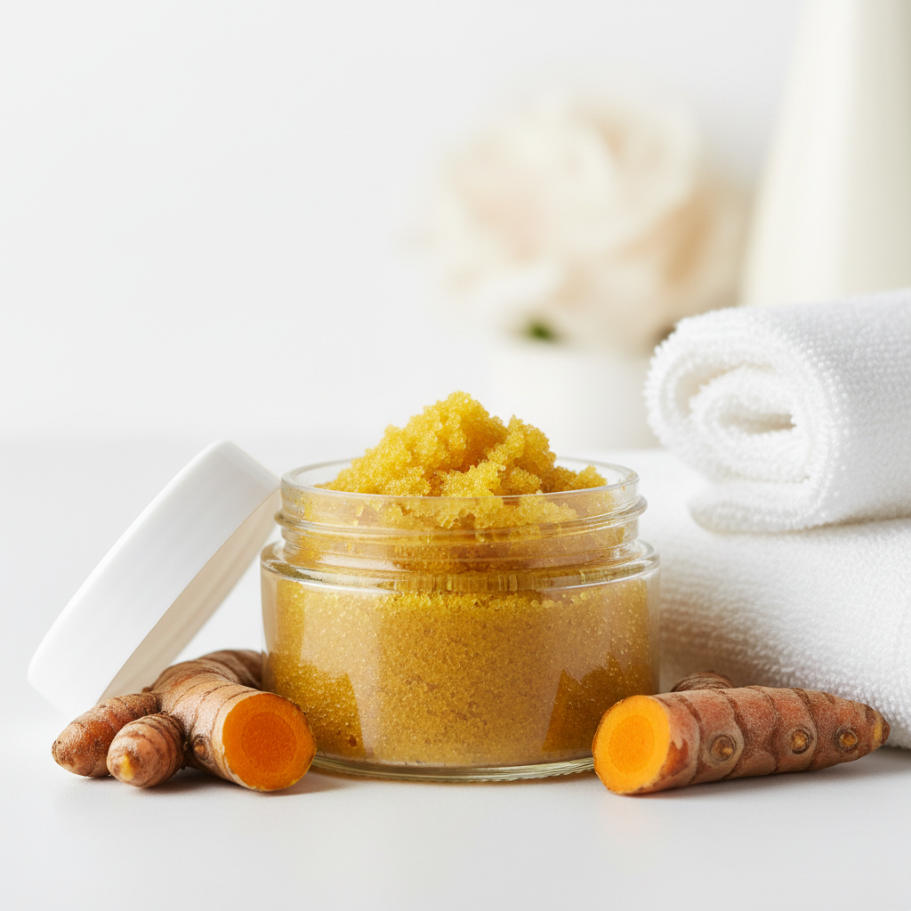 Turmeric Glow Body Scrub Travel Size with golden turmeric scrub and white towels
