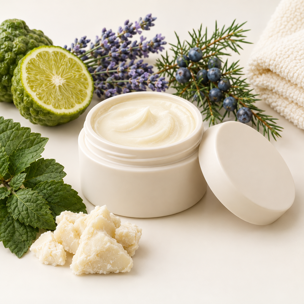 Oak & Barrel Butter Balm in an open rice husk jar with matching lid and scent-matching botanical props