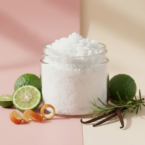 Bergamot Solstice Body Scrub Travel Size with bergamot and citrus props