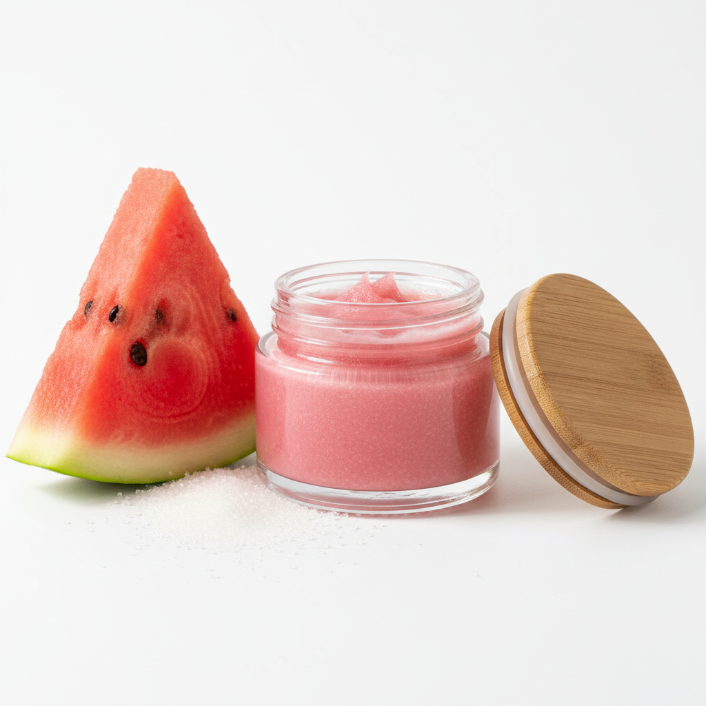 Pink Melon Lip Scrub in a 2oz glass jar with natural wooden lid open, fresh watermelon slice on bright white background