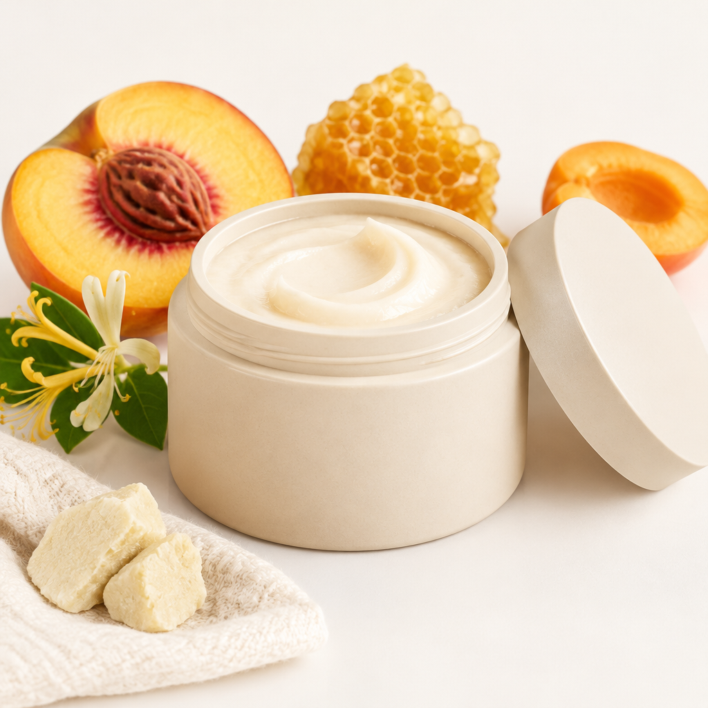 Peach & Honey Butter Balm in an open rice husk jar with matching lid and fruit and floral scent props