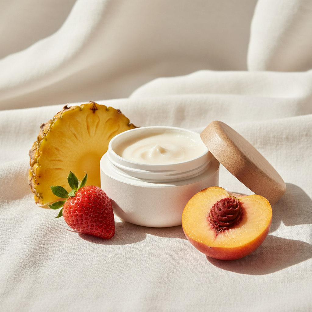 Tropical Beach Butter Balm in rice husk jar with pineapple strawberry and peach props