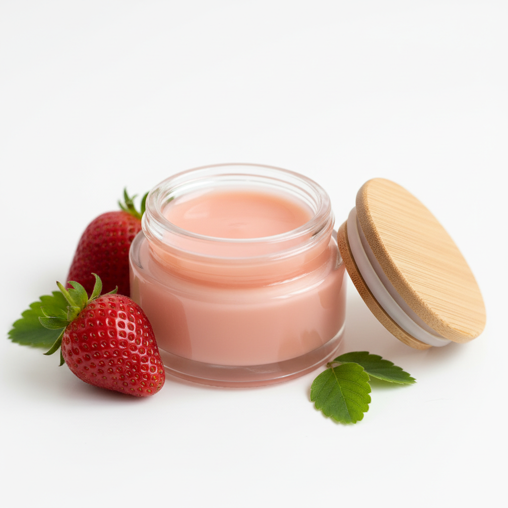 Strawberry Lip Butter Balm in a 2oz glass jar with natural wooden lid open, smooth glossy balm texture, fresh strawberries on white background