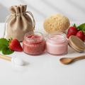 Strawberry Lip Set with two 2oz glass jars open, burlap bag, lip scrubber brush, spoon and sponge, fresh strawberries on white background