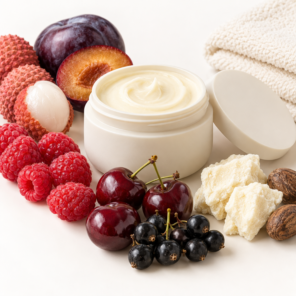 Indulge Me Butter Balm in an open rice husk jar with matching lid and fruit scent props