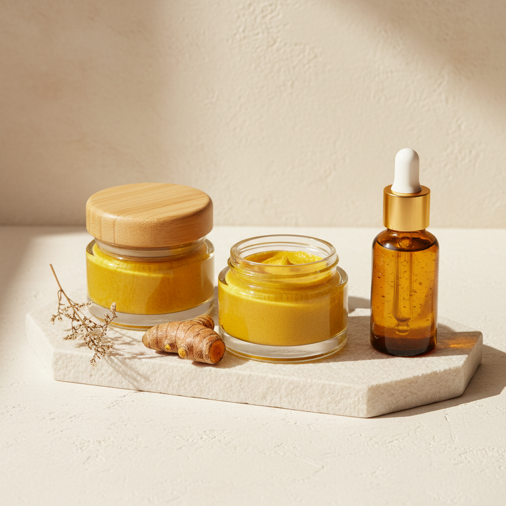Radiant Root Glow Duo - turmeric face scrub and serum in glass jars with wooden lids