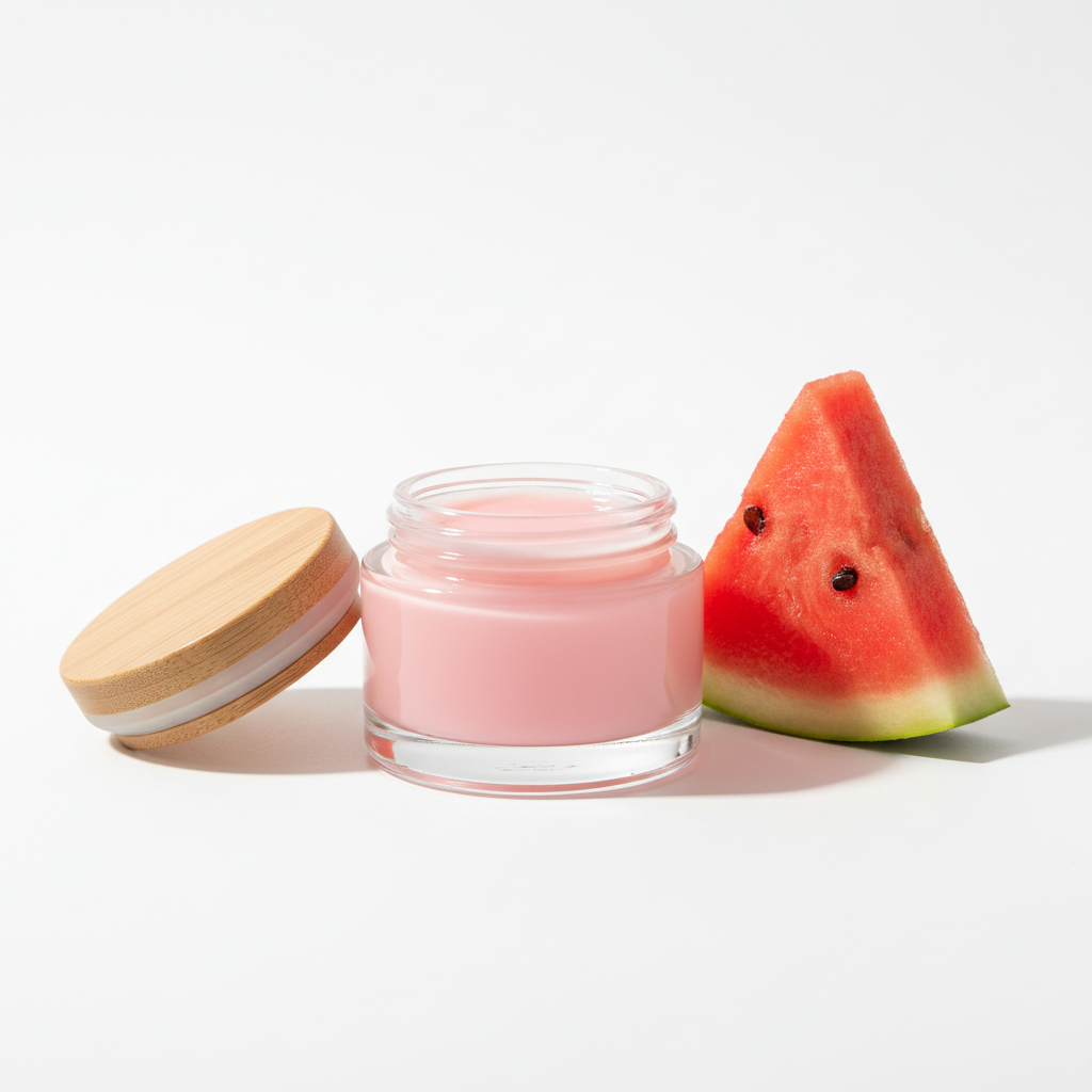 Pink Melon Lip Butter Balm in a 2oz glass jar with natural wooden lid open, smooth glossy balm, fresh watermelon slice on bright white background