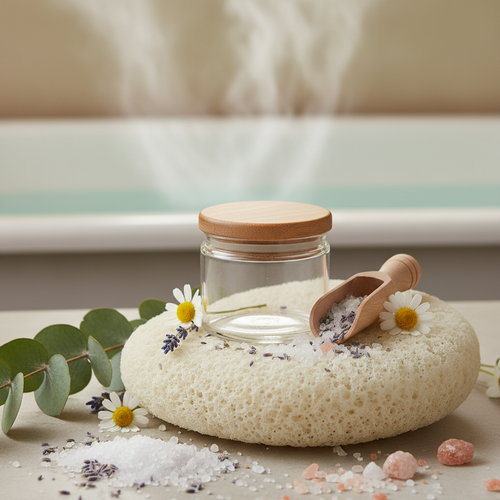 Deep Silence Magnesium Soak - glass jar with wooden scoop, chamomile, eucalyptus and sea sponge