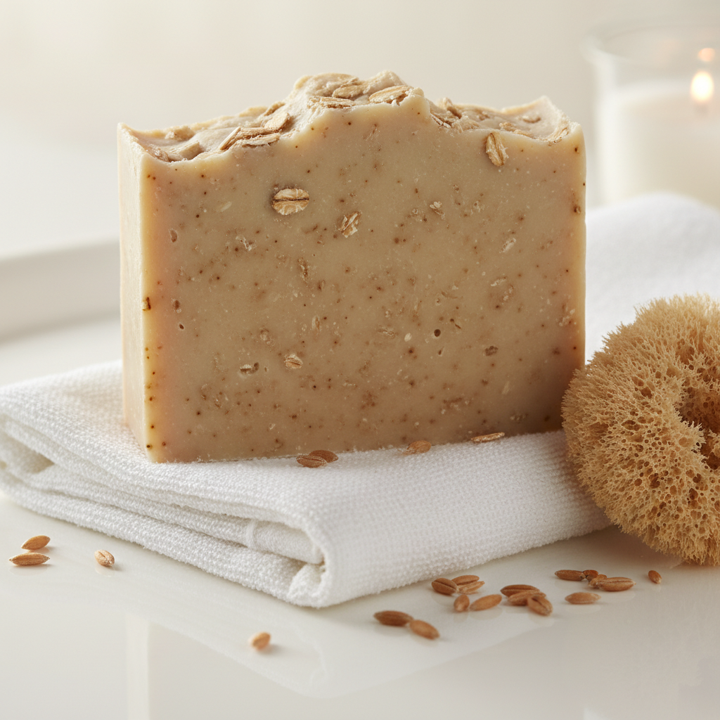 Oatmeal Beauty Bar - warm oat-beige soap bar with oat flecks and soft sponge