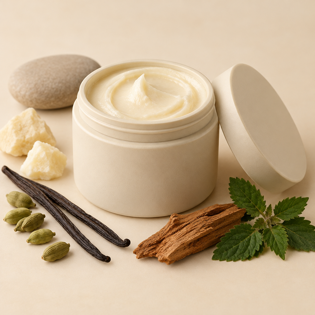 Smoked Honey Butter Balm in an open rice husk jar with matching lid and scent-matching props