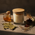 Smoked Honey Soy Candle - glass jar with honey, amber crystals and vetiver props