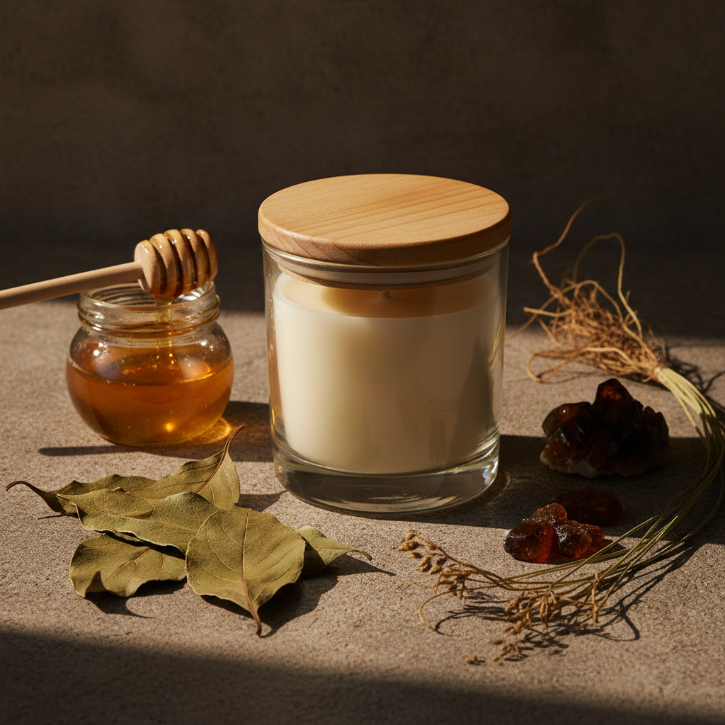 Smoked Honey Soy Candle - glass jar with honey, amber crystals and vetiver props