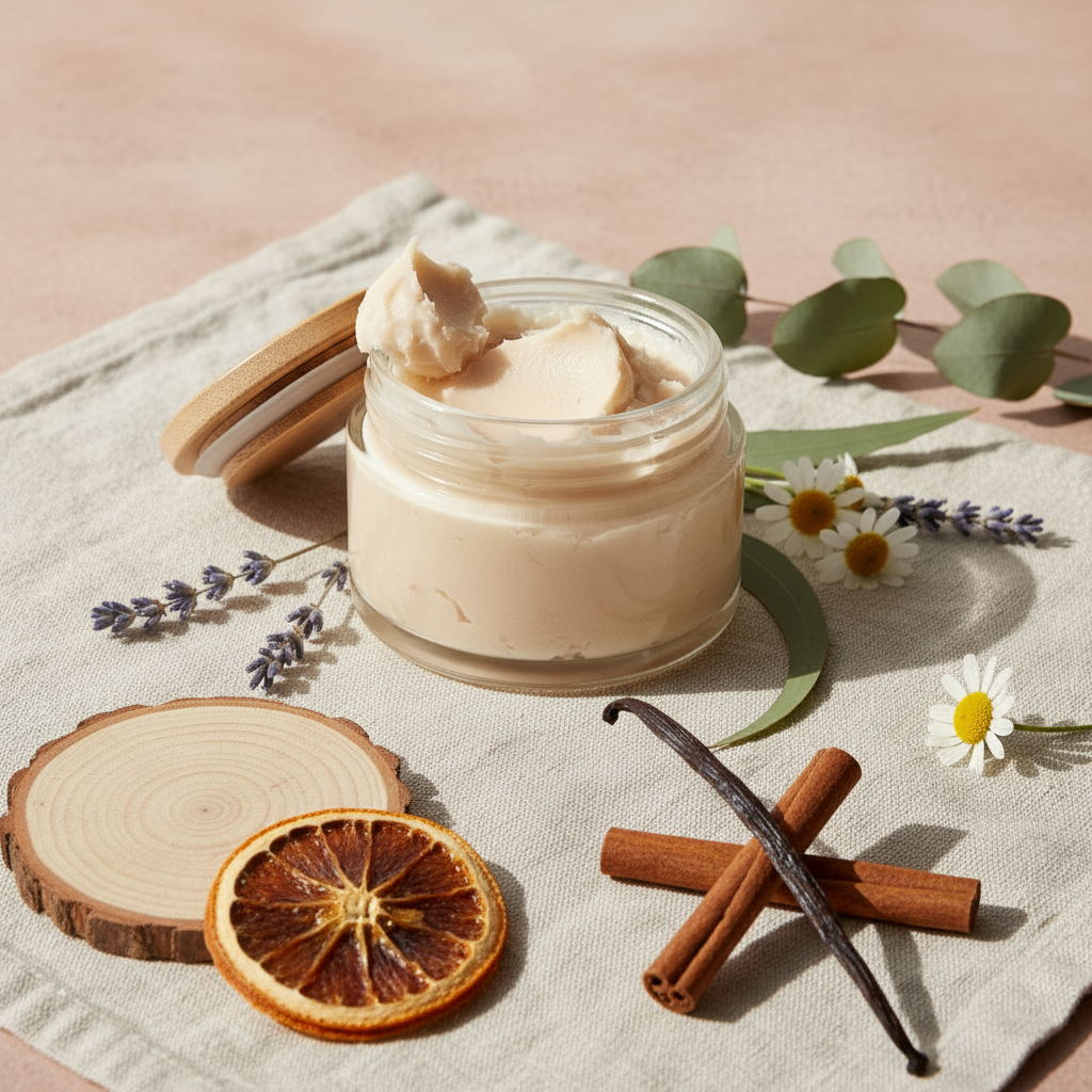 Earth & Ember Foot Butter in open glass jar with wooden lid, light creamy ivory whipped shea butter texture, sandalwood slice, orange slice, vanilla bean, cinnamon sticks, soft neutral linen cloth props