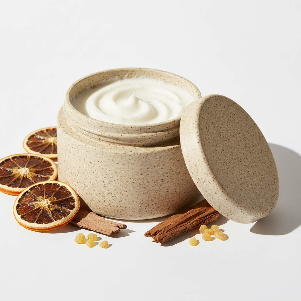 Rooted Joy Body Scrub in a rice husk jar with orange, cedarwood and frankincense props