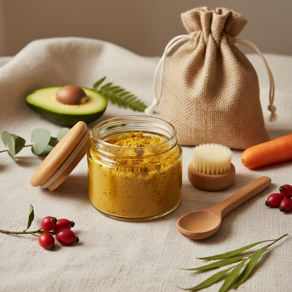Radiant Root Face Scrub and Mask in glass jar with wooden lid, wooden spoon, pore brush and burlap bag
