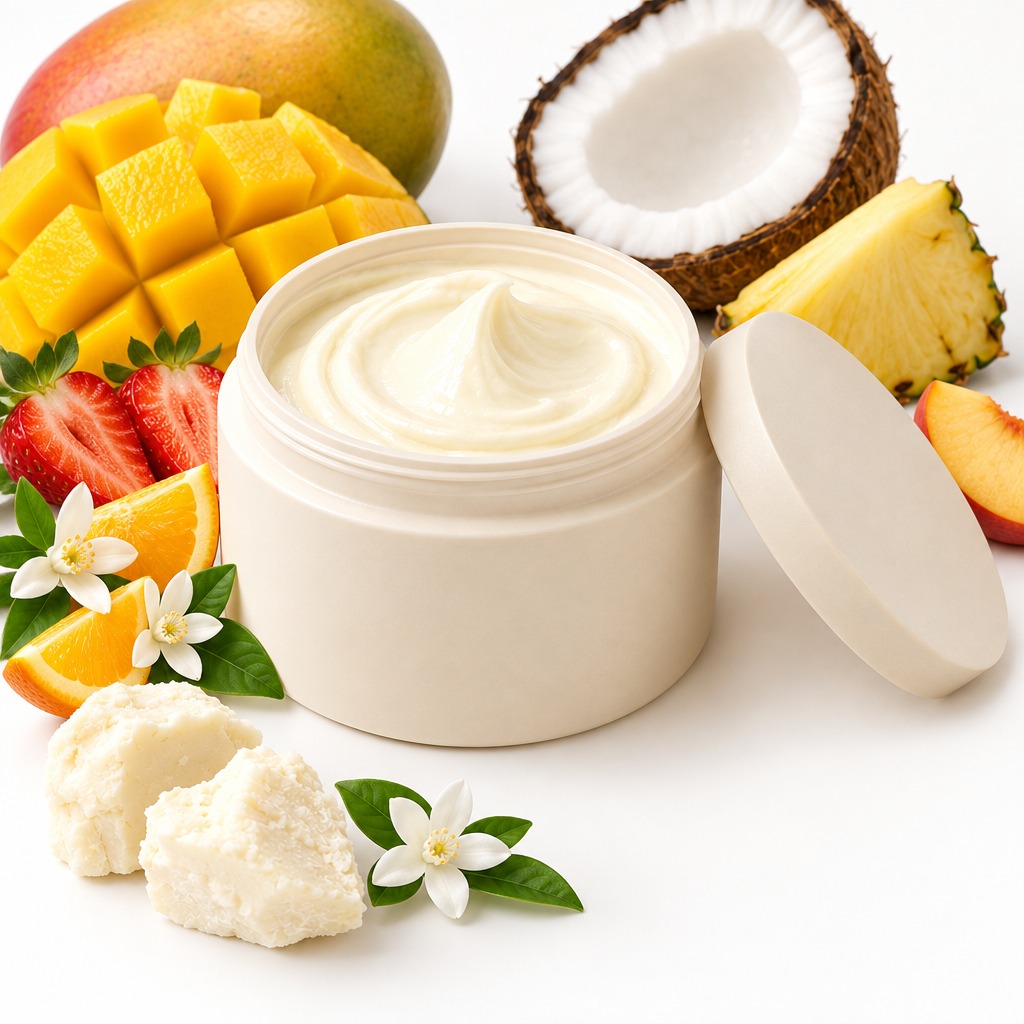 Mango Paradise Butter Balm in an open rice husk jar with matching lid and fruit and floral scent props