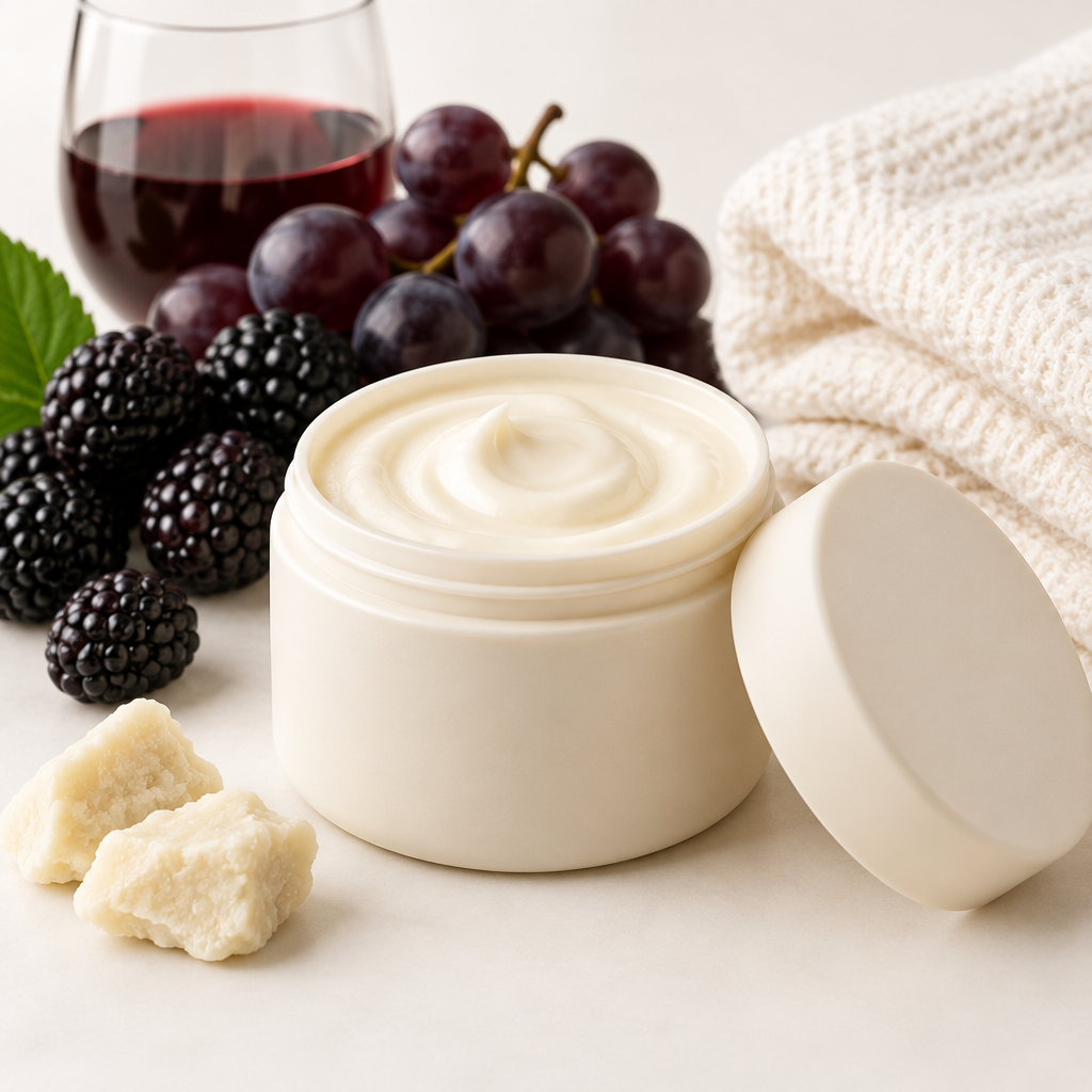 Scarlet Body Butter Balm in an open rice husk jar with matching lid, dark berry and red wine props, and an ivory washcloth