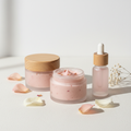 Timeless Rose Glow Duo - rose pink face scrub and serum in glass jars with wooden lids
