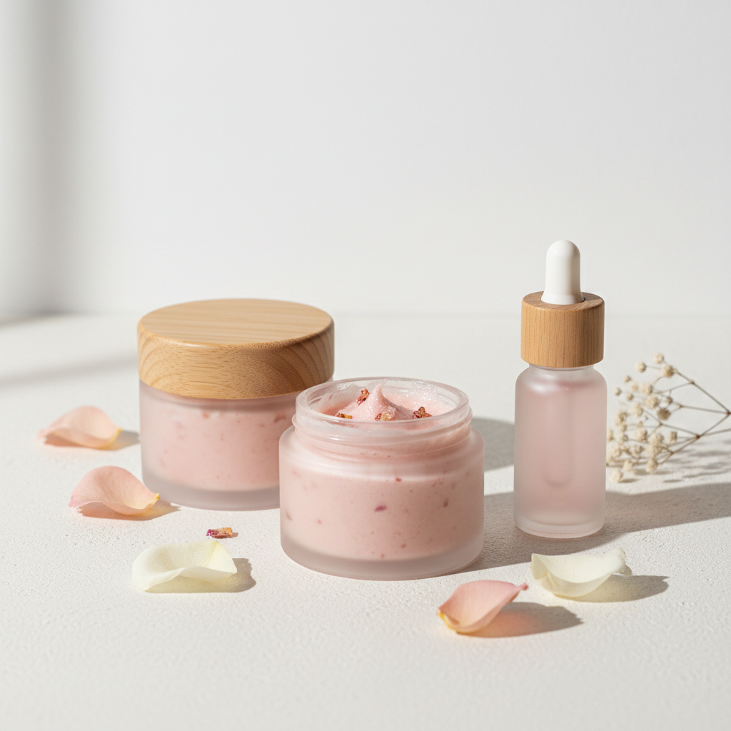 Timeless Rose Glow Duo - rose pink face scrub and serum in glass jars with wooden lids
