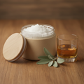 Whiskey Sage Body Scrub with sage sprigs and amber whiskey glass
