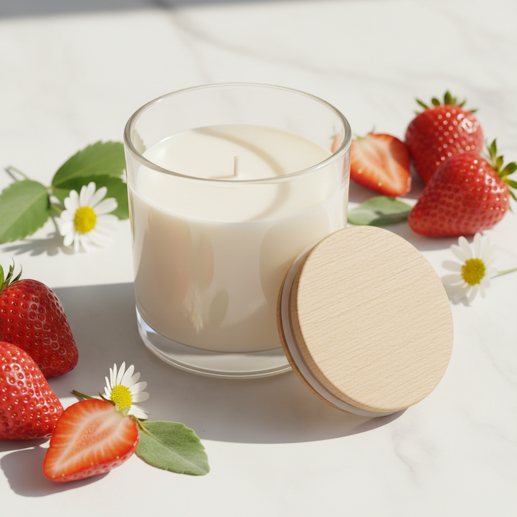 Sun-Kissed Berry Soy Candle - glass jar with fresh strawberries and wildflower props
