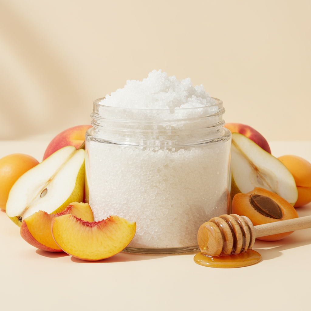 Peach & Honey Body Scrub Travel Size in a clear 2oz jar with no label, with peach, pear, apricot and honey props