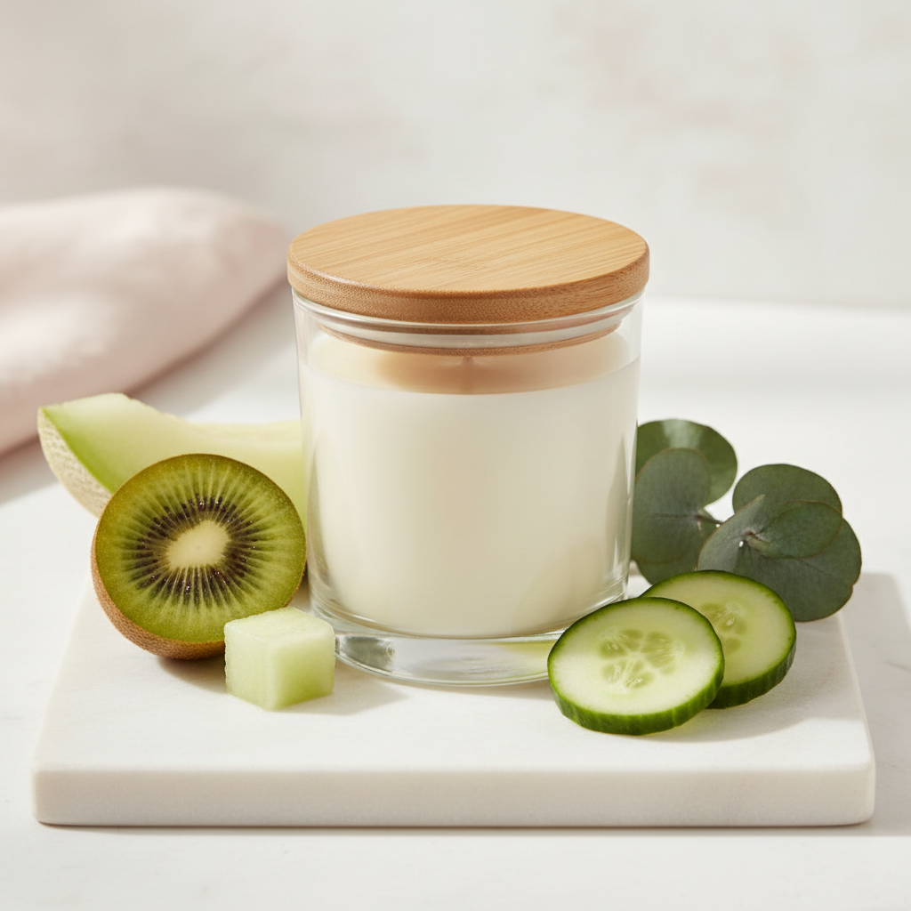 Morning Dew Soy Candle - glass jar with wooden lid, styled with kiwi, honeydew, cucumber and eucalyptus