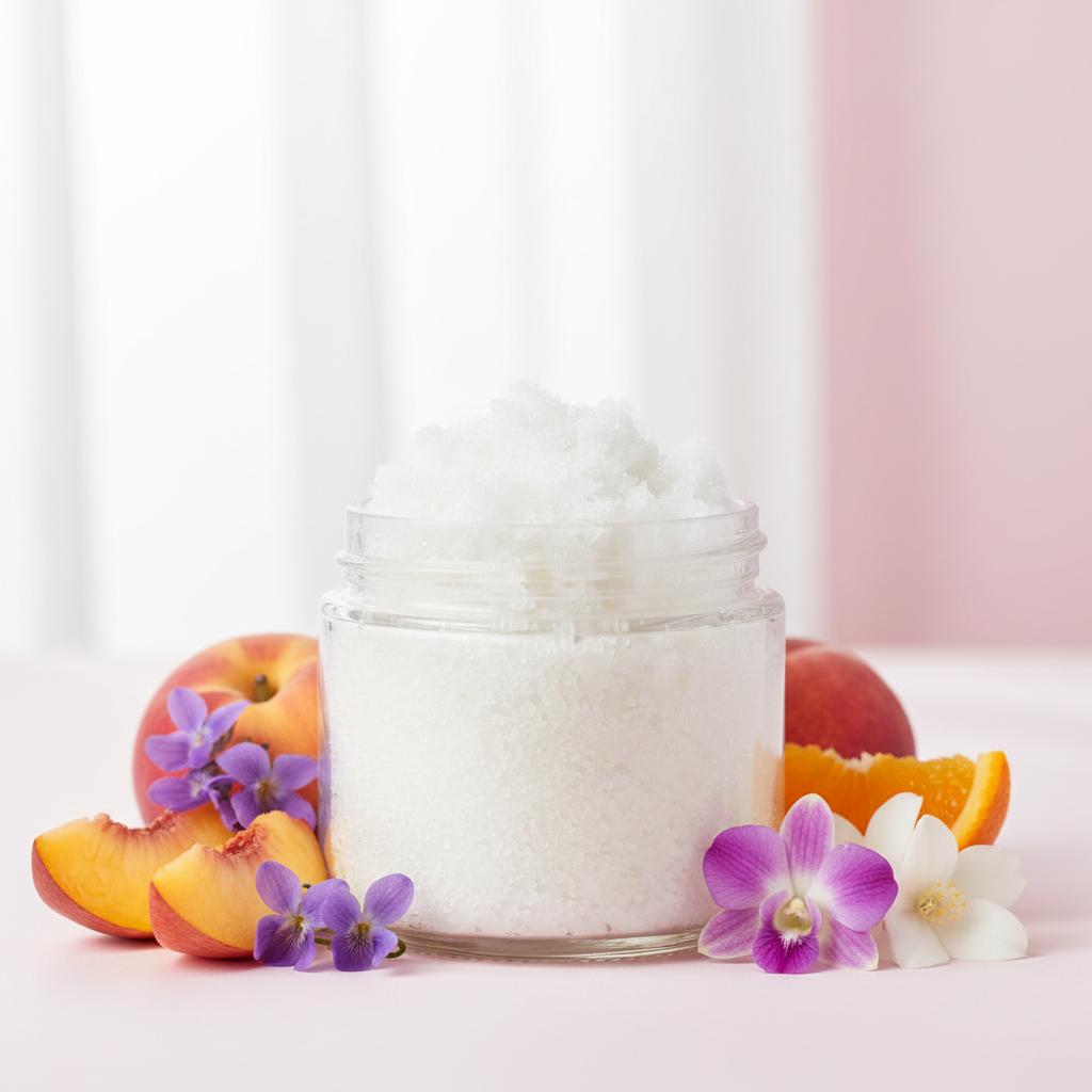 Petal Glaze Body Scrub Travel Size in a clear 2oz jar with no label, with violet, peach, orchid, orange and jasmine props