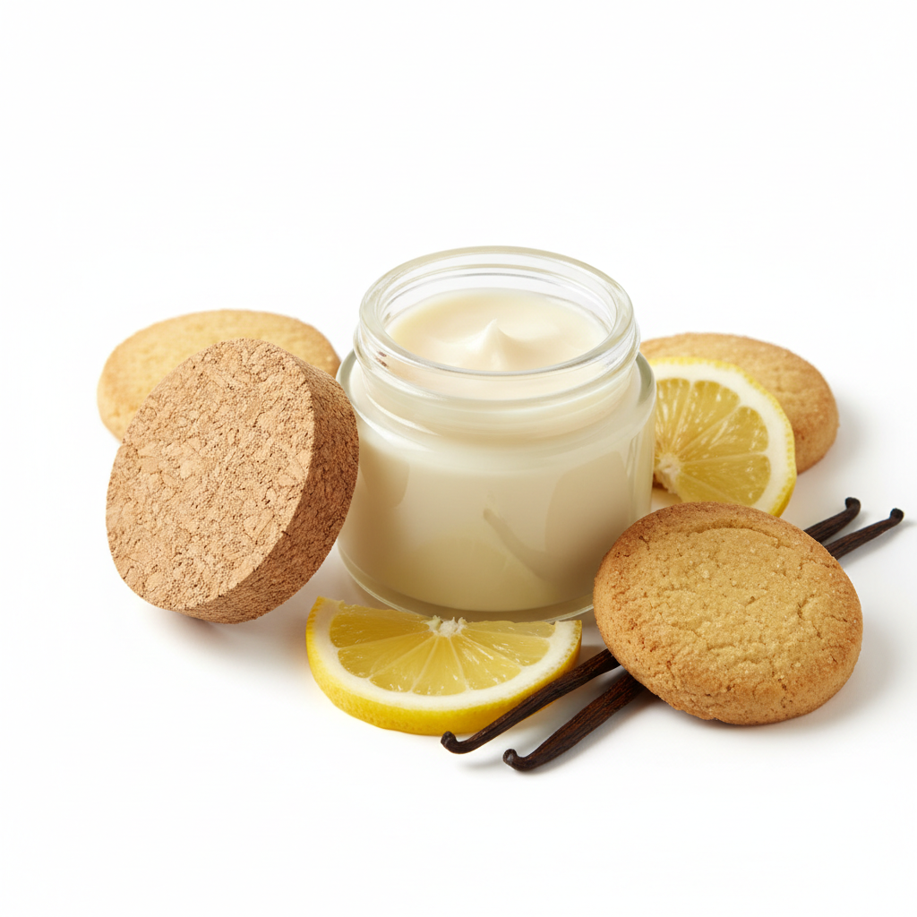 Sugar Cookie Butter Balm in a clear glass jar with sugar cookie, lemon and vanilla props