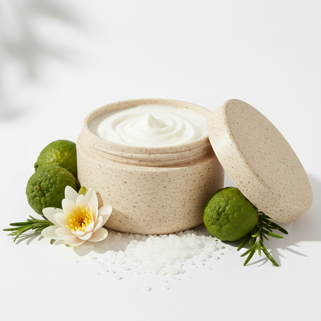 Coastal Theory Body Scrub in a rice husk jar with sea salt, water lily and bergamot props