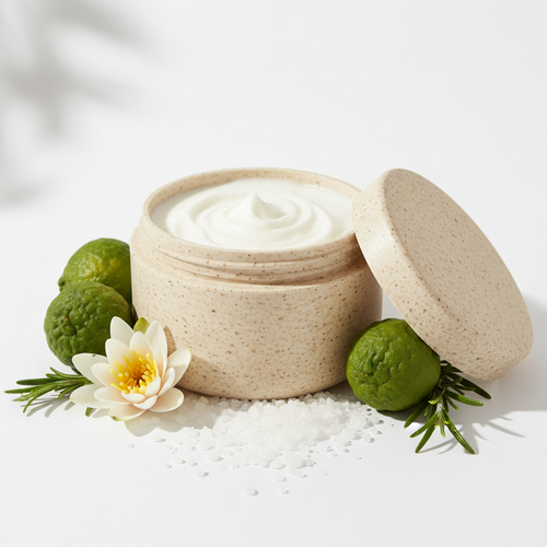 Coastal Theory Body Scrub in a rice husk jar with sea salt, water lily and bergamot props