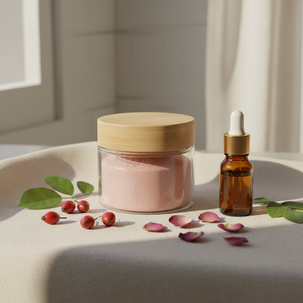 Timeless Rose Face Scrub and Mask in glass jar with wooden lid, rosehip berries and rose petals