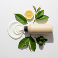 Morning Mercy Body Lotion bottle on its side with lotion and green tea, lemon, bergamot props