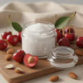 Almond Cherry Body Scrub Travel Size in a clear 2oz jar with no label, with cherries and almonds props