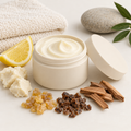 Meditation Butter Balm in an open rice husk jar with matching lid and scent-matching props