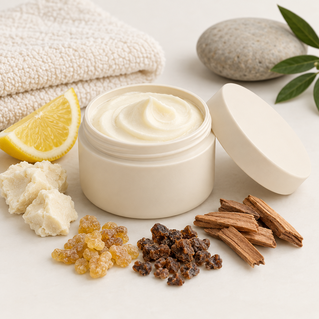 Meditation Butter Balm in an open rice husk jar with matching lid and scent-matching props