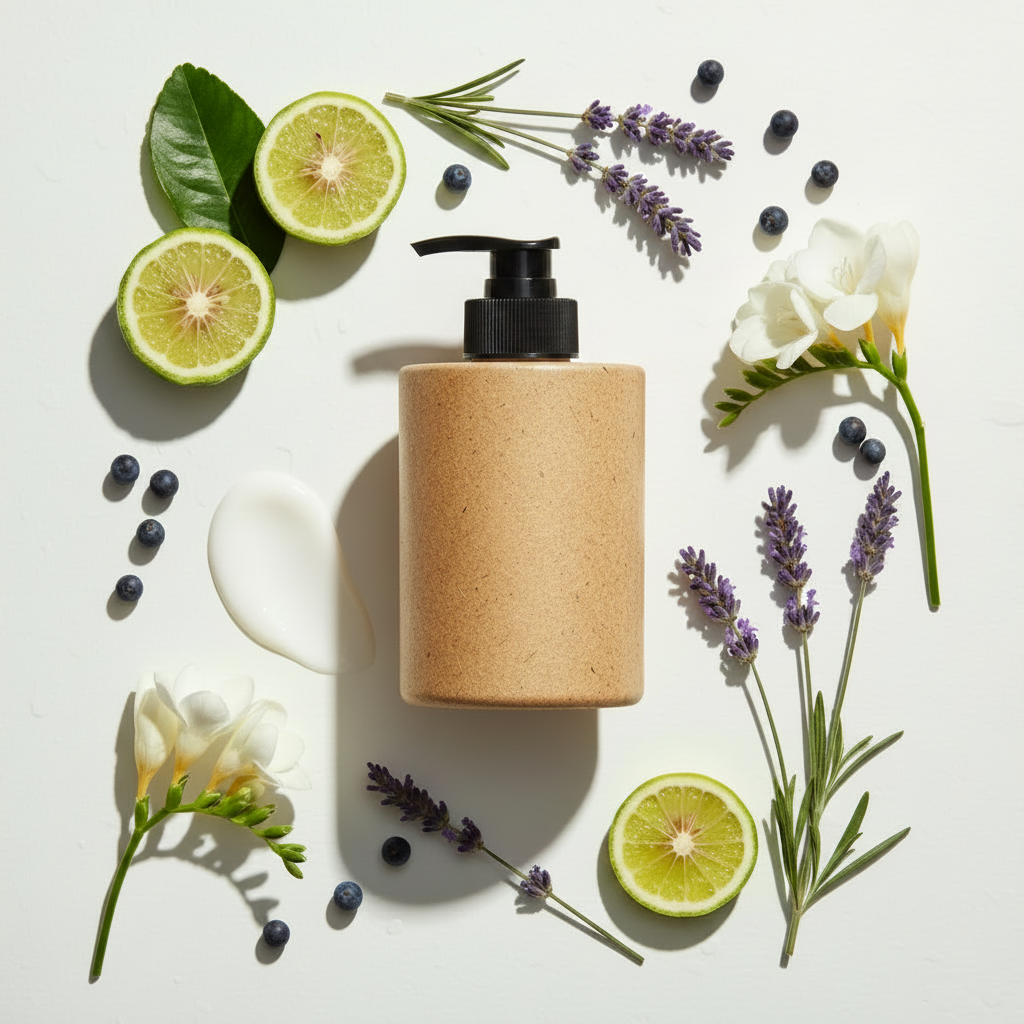 Bergamot Solstice Body Lotion 8oz - rice husk bottle with black pump top surrounded by bergamot, lavender, juniper and freesia