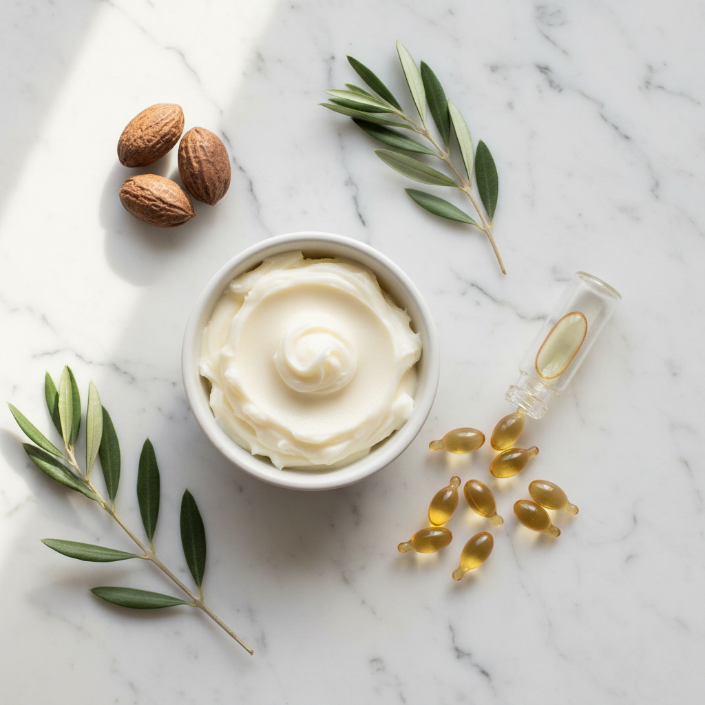 Vitamin E Body Butter Balm with ivory shea butter and vitamin E capsules on marble