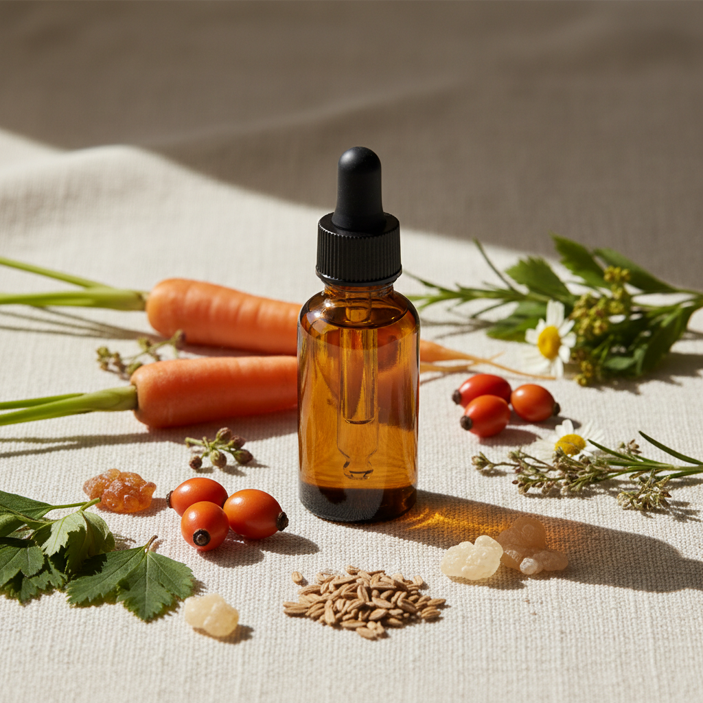 Radiant Root Face Serum golden amber glass dropper bottle with carrots, rosehip berries and botanicals